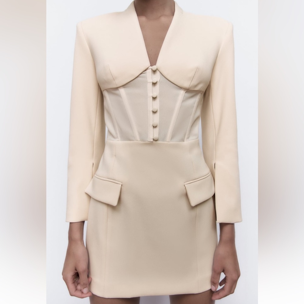 🤍 ZARA Nude Boning Corset Bustier Mini Blazer Dress sz Large